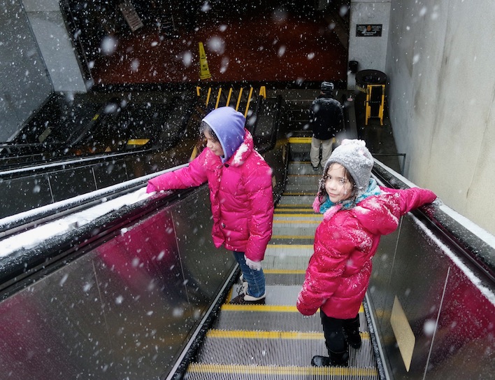 Snowing on the Metro escalator in Washington, DC
