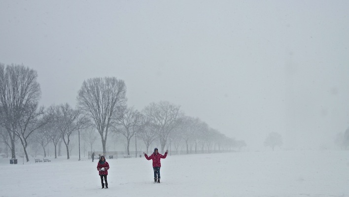 Snowing on the National Mall in Washington, DC