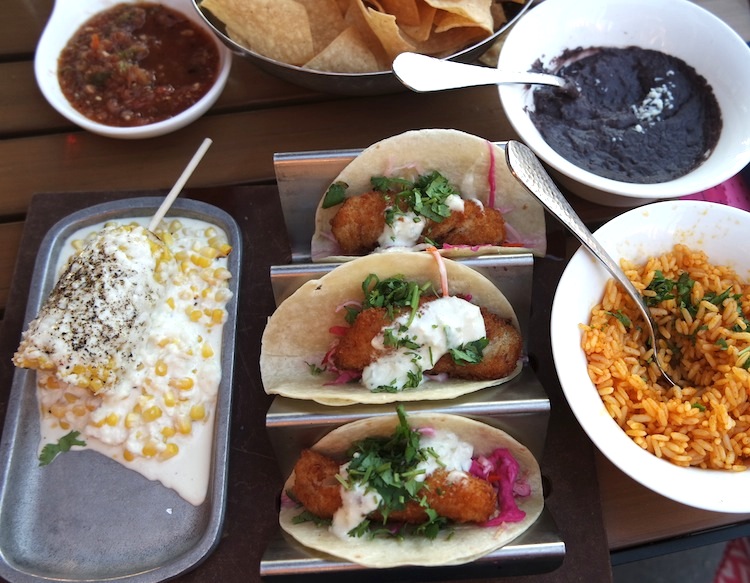 Fish tacos, Mexican-style corn, and rice and beans at Rosa Mexicano National Harbor