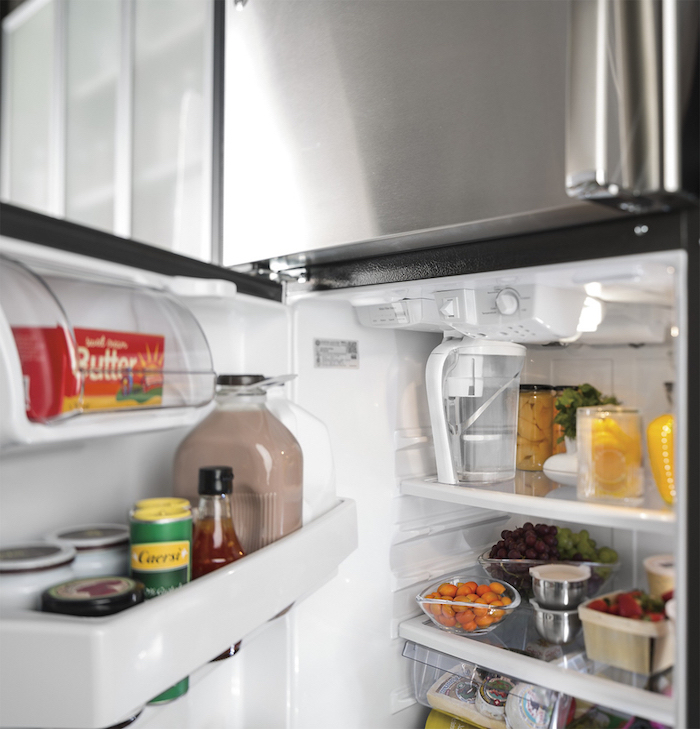 Inside of GE Top-Freezer Refrigerator with Autofill Pitcher